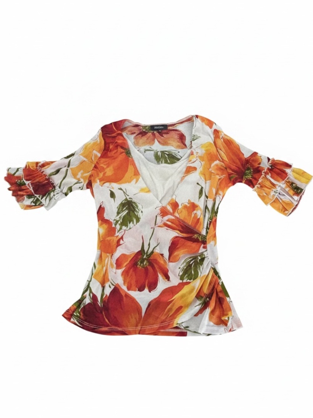 Karen Kane Vintage Orange & White Floral Blouse Top Flutter Sleeves 1X EUC